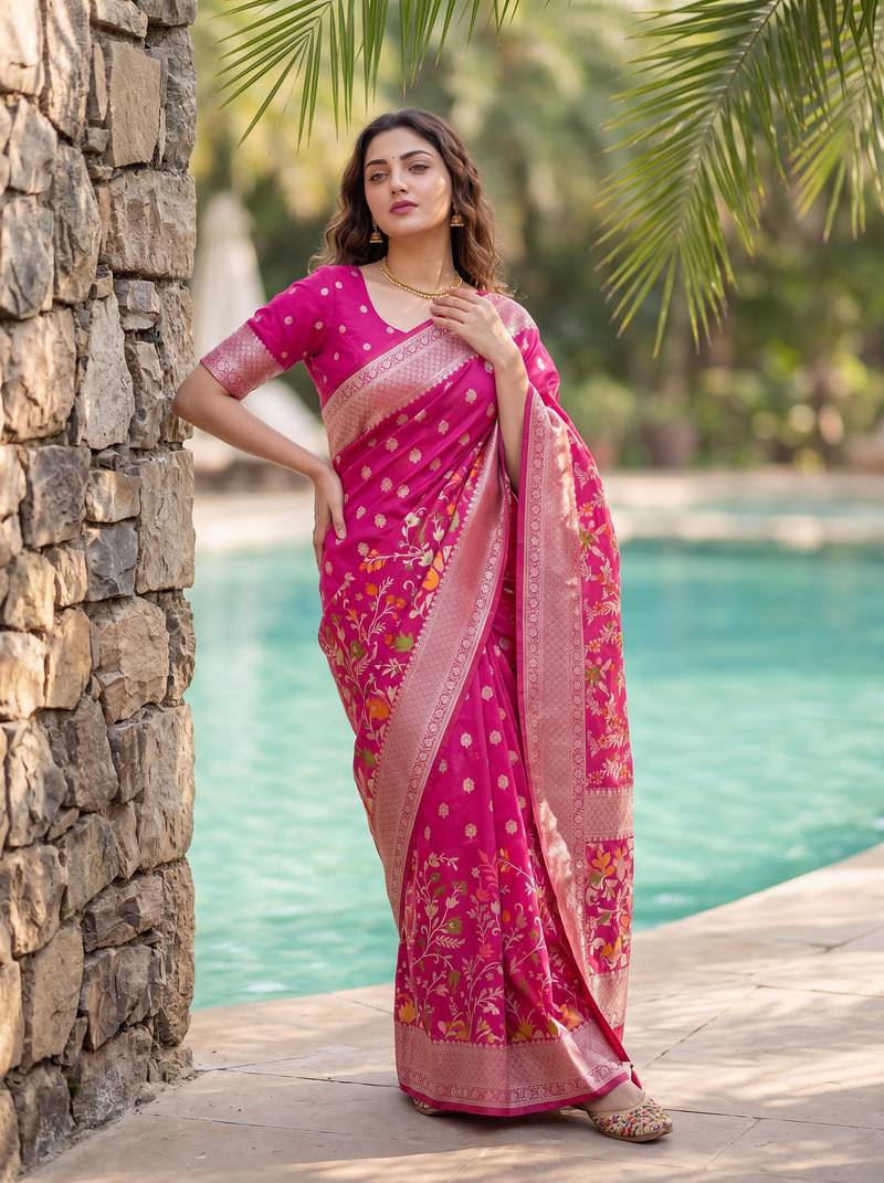 Rani Pink Raw Silk Saree with Silver Zari & Multicolor thread Woven Work | Festive Wear