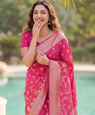 Rani Pink Raw Silk Saree with Silver Zari & Multicolor thread Woven Work | Festive Wear 5