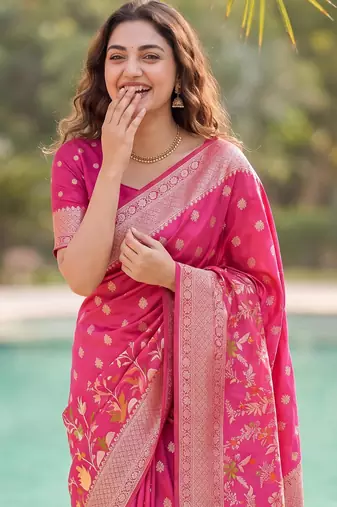 Rani Pink Raw Silk Saree with Silver Zari & Multicolor thread Woven Work | Festive Wear