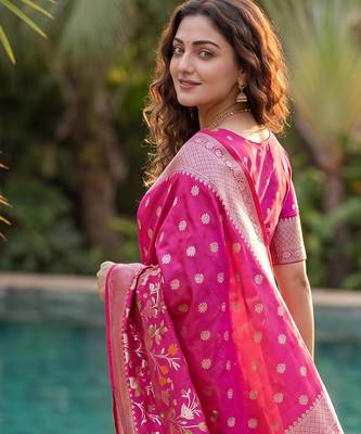 Rani Pink Raw Silk Saree with Silver Zari & Multicolor thread Woven Work | Festive Wear 6