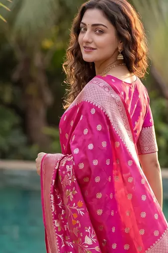 Rani Pink Raw Silk Saree with Silver Zari & Multicolor thread Woven Work | Festive Wear