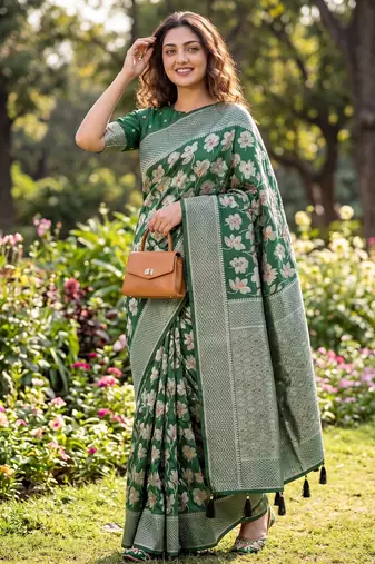 Green Raw Silk Saree with Silver Zari & Multicolor Woven Work | Festive Wear