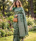 Green Raw silk blend Saree with Silver Zari & Multicolor Woven Work | Festive Wear