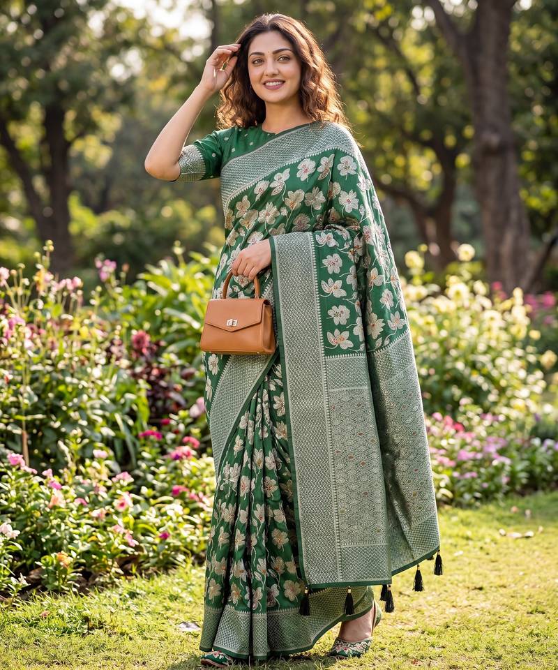 Green Raw Silk Saree with Silver Zari & Multicolor Woven Work | Festive Wear