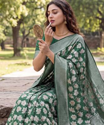 Green Raw silk blend Saree with Silver Zari & Multicolor Woven Work | Festive Wear 2