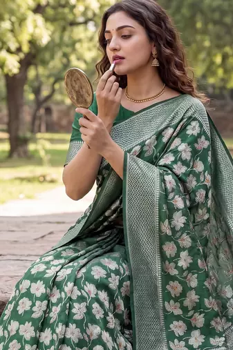 Green Raw silk blend Saree with Silver Zari & Multicolor Woven Work | Festive Wear