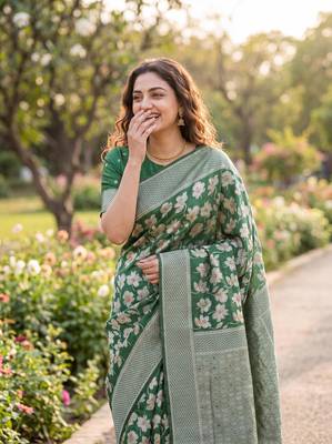 Green Raw silk blend Saree with Silver Zari & Multicolor Woven Work | Festive Wear 3