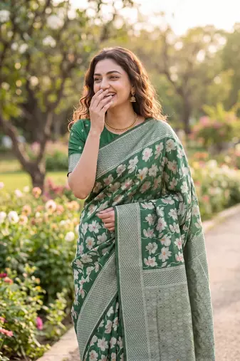 Green Raw silk blend Saree with Silver Zari & Multicolor Woven Work | Festive Wear