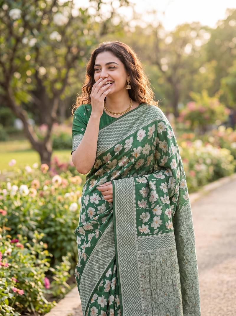 Green Raw silk blend Saree with Silver Zari & Multicolor Woven Work | Festive Wear