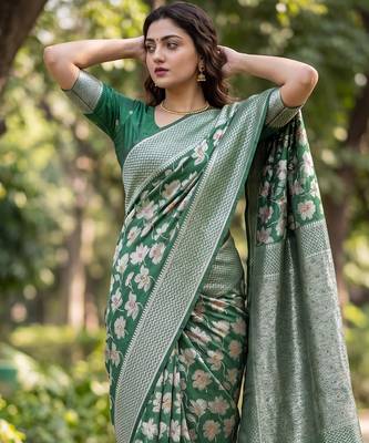 Green Raw silk blend Saree with Silver Zari & Multicolor Woven Work | Festive Wear 4