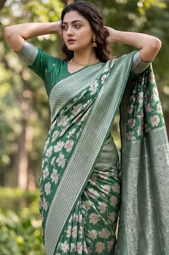 Green Raw silk blend Saree with Silver Zari & Multicolor Woven Work | Festive Wear