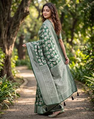 Green Raw silk blend Saree with Silver Zari & Multicolor Woven Work | Festive Wear 5