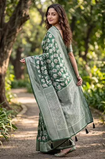 Green Raw silk blend Saree with Silver Zari & Multicolor Woven Work | Festive Wear