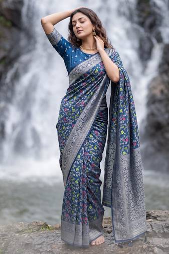Blue Dola Silk Saree with Silver Zari & Multicolor Woven Work | Festive Wear