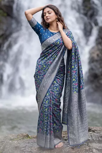 Blue Dola Silk Saree with Silver Zari & Multicolor Woven Work | Festive Wear