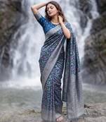Blue Dola silk blend Saree with Silver Zari & Multicolor Woven Work | Festive Wear