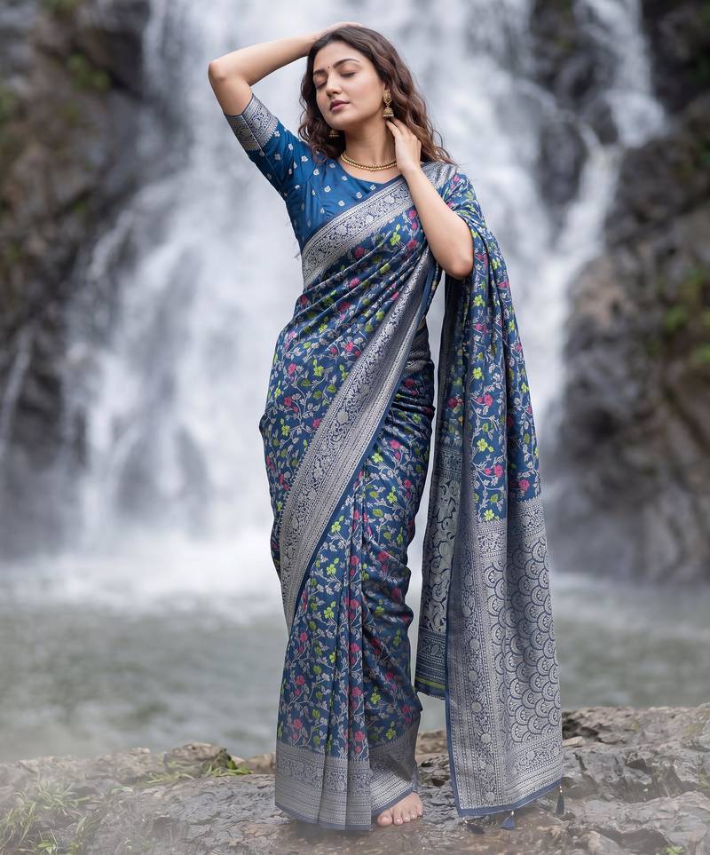 Blue Dola Silk Saree with Silver Zari & Multicolor Woven Work | Festive Wear