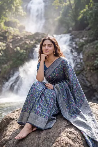 Blue Dola silk blend Saree with Silver Zari & Multicolor Woven Work | Festive Wear