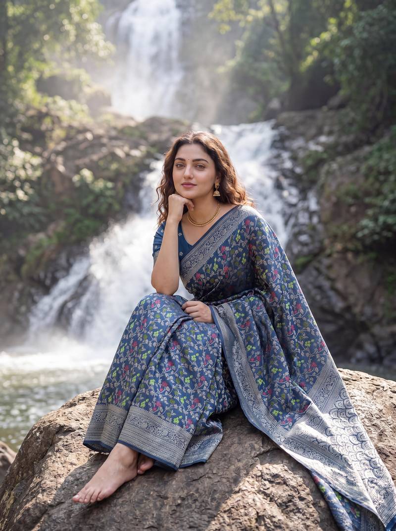 Blue Dola silk blend Saree with Silver Zari & Multicolor Woven Work | Festive Wear