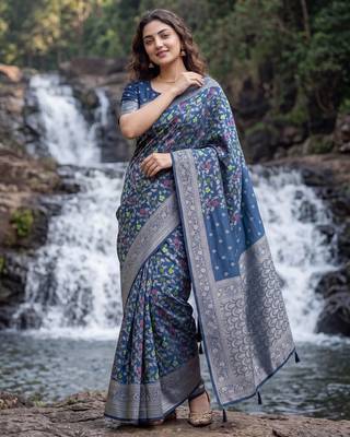 Blue Dola silk blend Saree with Silver Zari & Multicolor Woven Work | Festive Wear 3