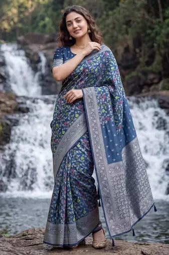 Blue Dola silk blend Saree with Silver Zari & Multicolor Woven Work | Festive Wear