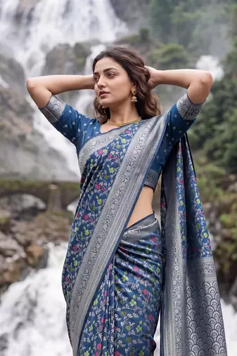 Blue Dola silk blend Saree with Silver Zari & Multicolor Woven Work | Festive Wear