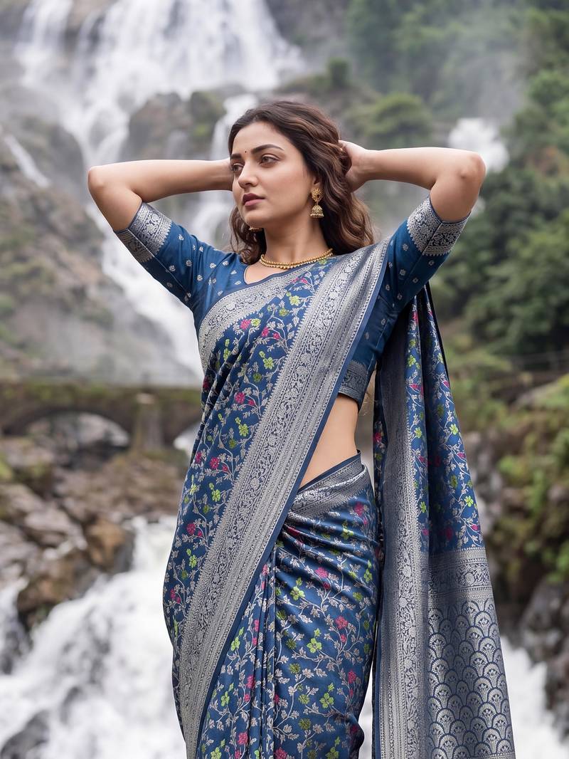 Blue Dola silk blend Saree with Silver Zari & Multicolor Woven Work | Festive Wear