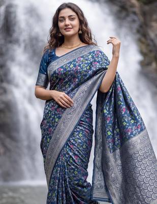 Blue Dola silk blend Saree with Silver Zari & Multicolor Woven Work | Festive Wear 5