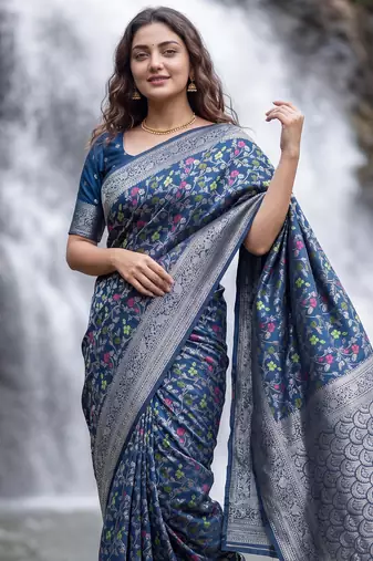 Blue Dola silk blend Saree with Silver Zari & Multicolor Woven Work | Festive Wear