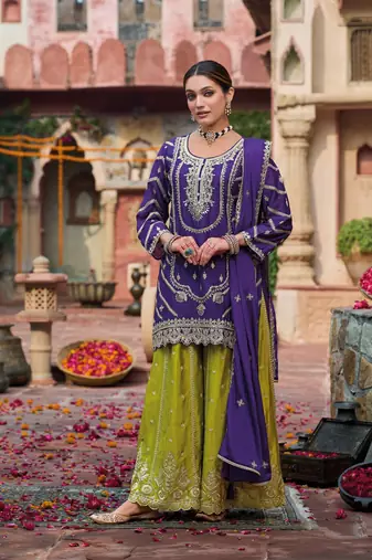 Purple embroidered chinon free size stitched palazzo style salwar suit