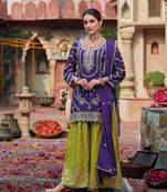 Purple embroidered chinon free size stitched palazzo style salwar suit