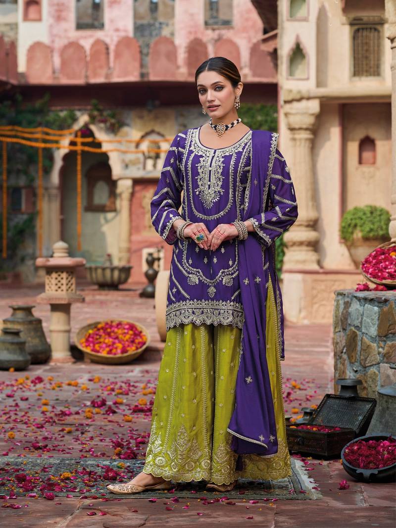 Purple embroidered chinon free size stitched palazzo style salwar suit