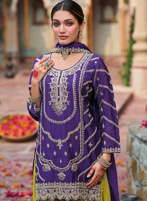 Purple embroidered chinon free size stitched palazzo style salwar suit 2