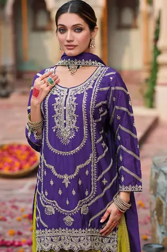 Purple embroidered chinon free size stitched palazzo style salwar suit