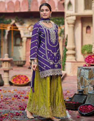 Purple embroidered chinon free size stitched palazzo style salwar suit 3