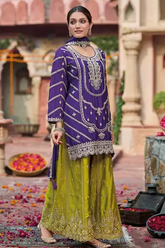 Purple embroidered chinon free size stitched palazzo style salwar suit
