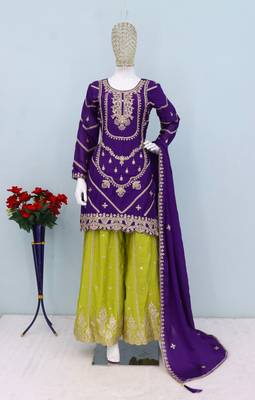 Purple embroidered chinon free size stitched palazzo style salwar suit 4