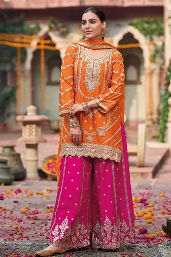 Orange embroidered chinon free size stitched palazzo style salwar suit