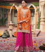 Orange embroidered chinon free size stitched palazzo style salwar suit