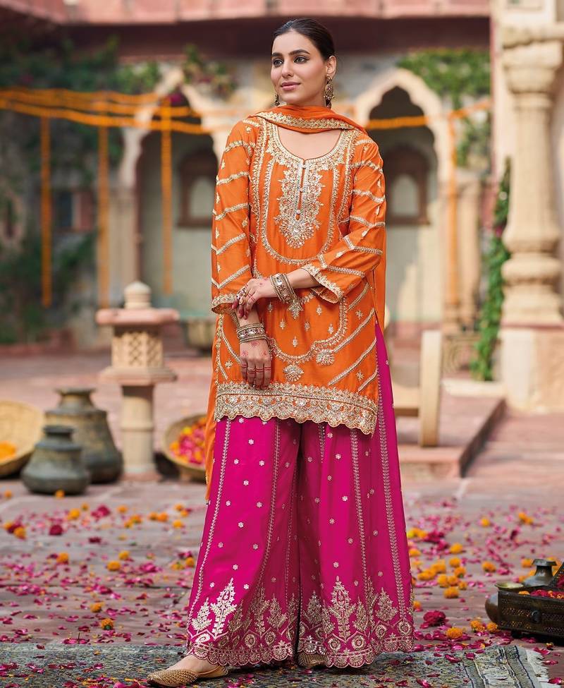 Orange embroidered chinon free size stitched palazzo style salwar suit