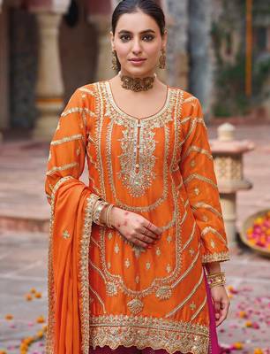 Orange embroidered chinon free size stitched palazzo style salwar suit 2