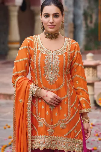 Orange embroidered chinon free size stitched palazzo style salwar suit