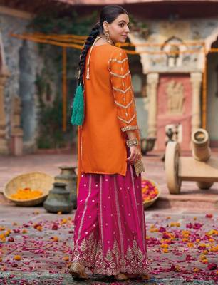 Orange embroidered chinon free size stitched palazzo style salwar suit 3