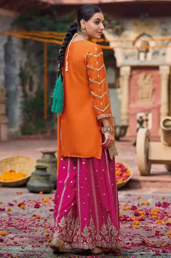 Orange embroidered chinon free size stitched palazzo style salwar suit