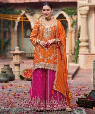 Orange embroidered chinon free size stitched palazzo style salwar suit 4