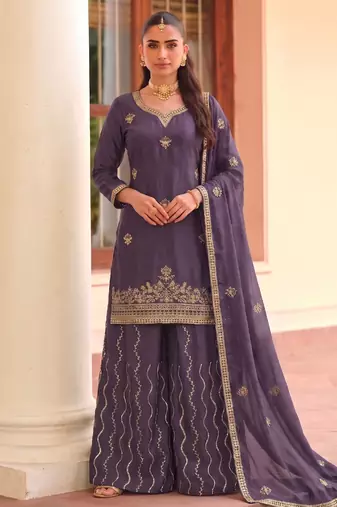 Lilac ethnic wear ready made chinon suit for women
