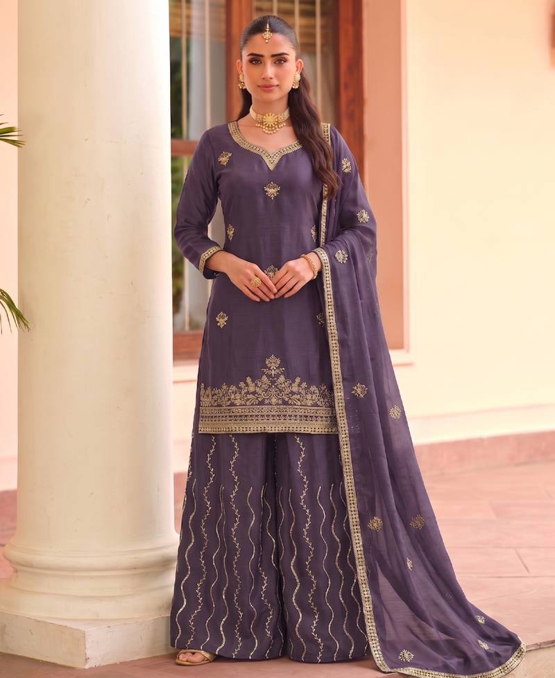 Lilac ethnic wear ready made chinon suit for women