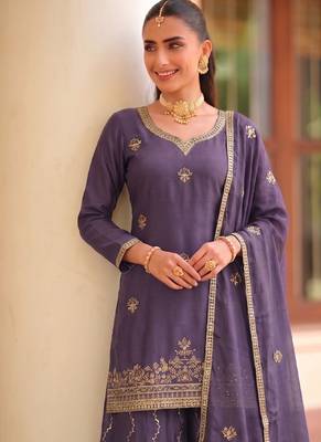 Lilac ethnic wear ready made chinon suit for women 2