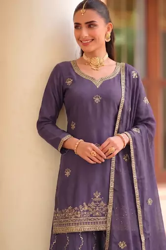 Lilac ethnic wear ready made chinon suit for women