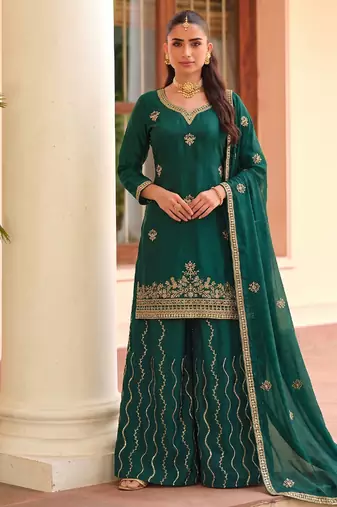 Green ethnic wear ready made chinon suit for women